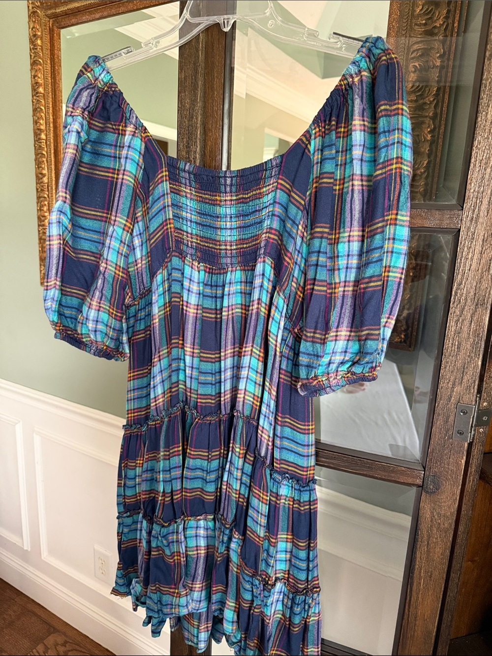 Angie Plaid Tiered knee length Dress in Teal and Navy Size L - Picture 3 of 6